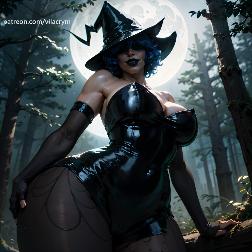 ai_generated big_breasts black_lipstick blue_hair cameltoe cordelia_valentine covered_eyes curvy dark_fantasy dead_estate goth goth_girl gothic hourglass_figure leotard moonlight narrow_waist night pantyhose stable_diffusion thick_thighs vilacrym wide_hips witch_hat