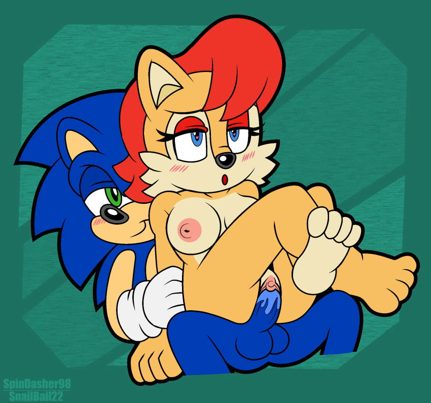 anthro archie_comics balls bodily_fluids breasts chipmunk duo eulipotyphlan feet female genital_fluids genitals ground_squirrel hedgehog hi_res male male/female mammal pussy pussy_juice rodent sally_acorn sciurid sega snailbail22 sonic_(series) sonic_the_hedgehog sonic_the_hedgehog_(archie) sonic_the_hedgehog_(comics) sonic_the_hedgehog_(series) spindasher98