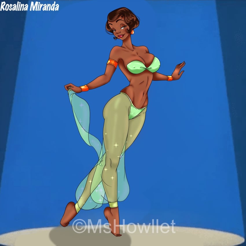 barefoot belly_dancer belly_dancer_outfit big_breasts breasts brown_eyes brown_hair cleavage dark-skinned_female disney disney_princess harem_girl harem_outfit harem_pants large_breasts looking_at_viewer medium_hair mshowllet slave slave_outfit slavegirl text the_princess_and_the_frog tiana watermark