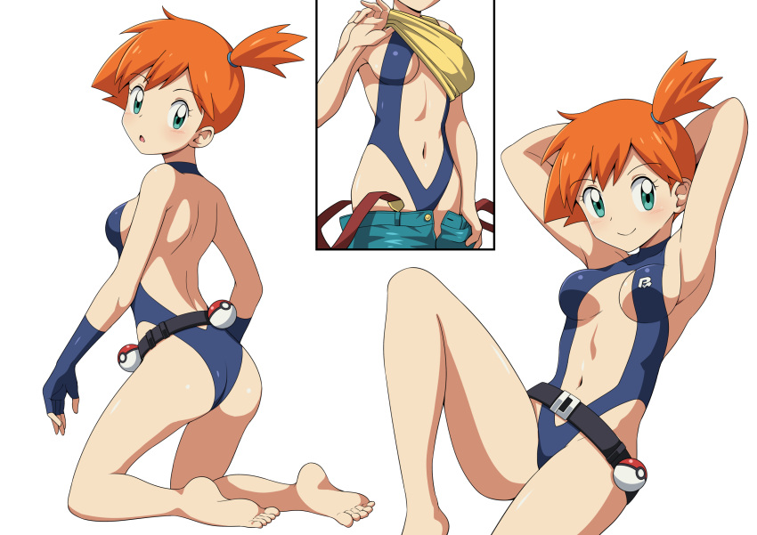 adapted_costume armpits ass asymmetrical_hair back bare_legs barefoot belt blush breasts cowboy_shot creatures_(company) denim denim_shorts eyelashes feet female female_focus game_freak gen_1_pokemon gym_leader hair_tie highres kasumi_(pokemon) legs navel nintendo nipples orange_hair poke_ball pokemon pokemon:_the_electric_tale_of_pikachu pokemon_(anime) pokemon_(game) pokemon_frlg pokemon_rgby ponytail shirt short_hair shorts side_ponytail sideboob slingshot_swimsuit solo suitenan suspenders swimsuit thighs