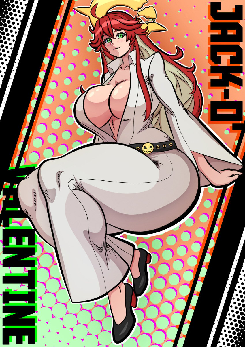 1girls acraeaaconite artist_request cleavage green_eyes guilty_gear heels jack-o'_valentine red_hair solo text track_suit two_tone_hair white_hair