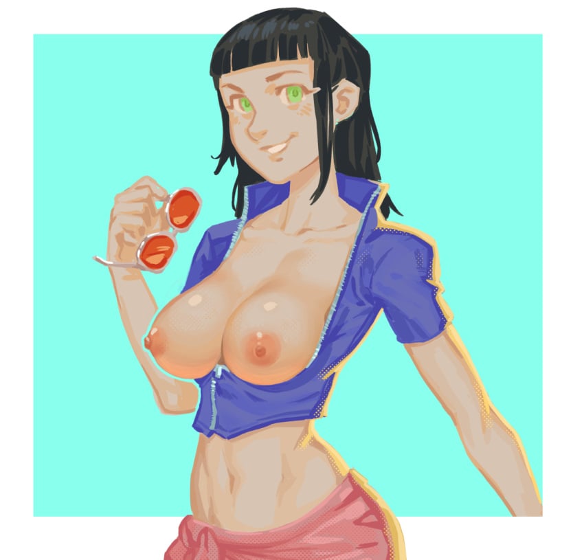 1girls black_hair breasts_out female female_only holding_sunglasses large_breasts nico_robin nico_robin_(cosplay) nico_robin_(post-timeskip)_(cosplay) one_piece post-timeskip pre-timeskip sineprin solo time_paradox