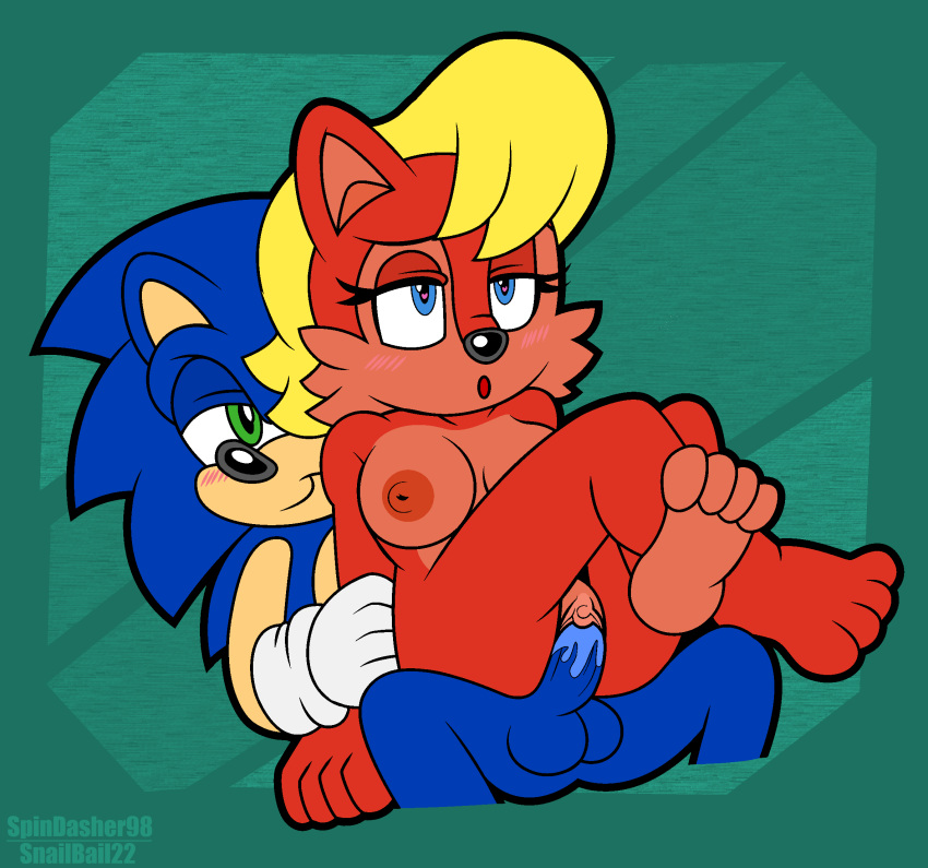 anthro archie_comics balls bodily_fluids breasts chipmunk duo eulipotyphlan feet female genital_fluids genitals ground_squirrel hedgehog hi_res male male/female mammal penis pussy_juice rodent sally_acorn sciurid sega snailbail22 sonic_(series) sonic_the_hedgehog sonic_the_hedgehog_(archie) sonic_the_hedgehog_(comics) sonic_the_hedgehog_(series) spindasher98