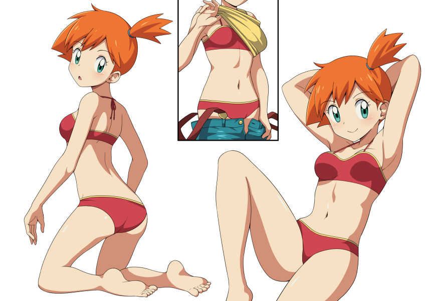 adapted_costume armpits ass asymmetrical_hair back bare_legs barefoot bikini blush breasts cowboy_shot creatures_(company) denim denim_shorts eyelashes feet female female_focus game_freak gen_1_pokemon gym_leader hair_tie highres kasumi_(pokemon) legs navel nintendo nipples orange_hair pokemon pokemon_(anime) pokemon_(game) pokemon_frlg pokemon_rgby ponytail red_bikini shirt short_hair shorts side_ponytail sideboob solo suitenan suspenders swimsuit thighs