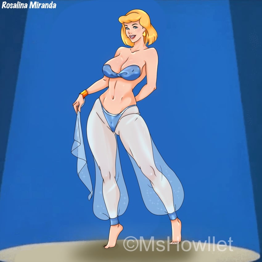 1girls artist_name barefoot belly_dancer belly_dancer_outfit big_breasts blonde_hair blue_eyes cinderella_(1950_film) cinderella_(disney) cleavage disney disney_princess enslaved_royal female female_only harem_girl harem_outfit harem_pants large_breasts mshowllet slave slave_outfit slavegirl solo