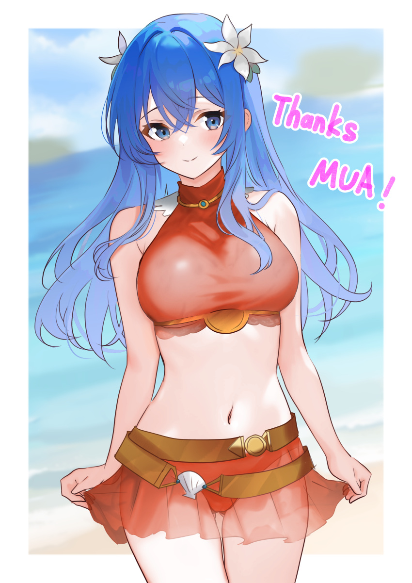 1girls absurdres alternate_costume ass_visible_through_thighs bare_midriff bare_shoulders bare_thighs beach bikini bikini_skirt blue_eyes blue_hair blush breasts caeda_(fire_emblem) caeda_(summer)_(fire_emblem) commentary_request commission female female_only fire_emblem fire_emblem:_mystery_of_the_emblem fire_emblem:_shadow_dragon_and_the_blade_of_light fire_emblem_heroes flower got0_naisho hair_between_eyes hair_flower hair_ornament highres large_breasts long_hair looking_at_viewer midriff navel nintendo ocean official_alternate_costume outdoors red_bikini red_swimsuit see-through skeb_commission smile solo swimsuit thank_you thighs