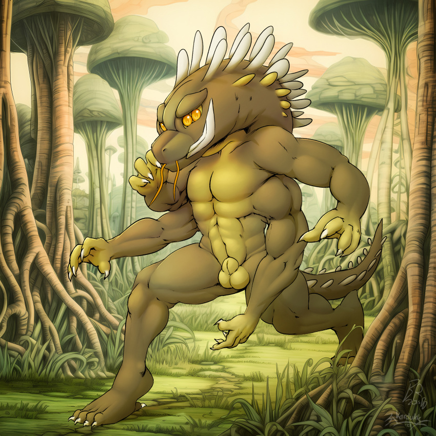 alien animal_genitalia anthro byondrage croconut genitals hi_res hybrid kardukk_(artist) lowius male multi_arm multi_eye multi_limb multicolored_body nude olive_body orange_eyes reptile scalie sheath two_tone_body walking yellow_body yellow_eyes