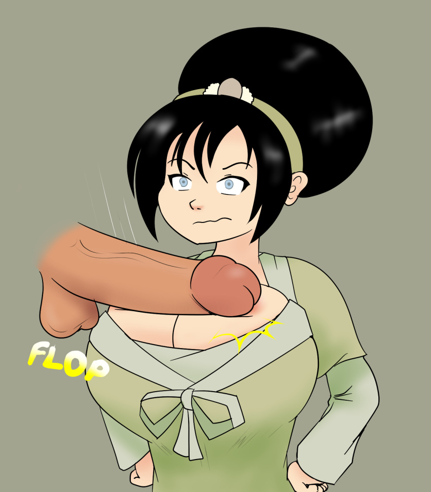 1boy 1girls alternate_breast_size avatar_legends avatar_the_last_airbender black_hair earth_kingdom female godalmite huge_breasts human male partial_male penis solo_focus toph_bei_fong