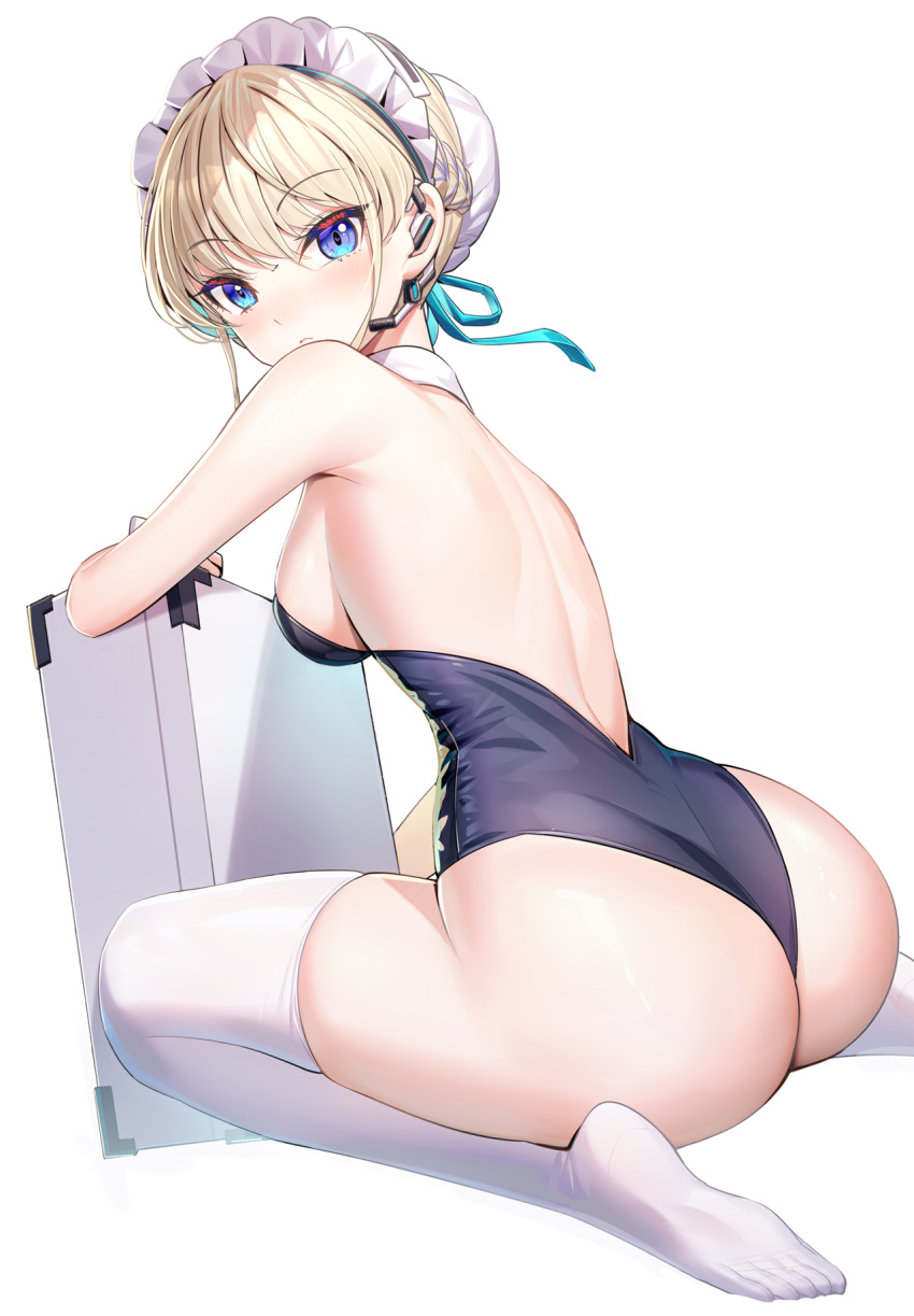 artist_request ass ass_focus blue_archive blush bunnysuit cleaning_&_clearing_(blue_archive) female gigantic_ass huge_ass kneesocks leotard looking_at_viewer maid_headdress medium_breasts millennium_science_school_student rear_view sideboob sitting socks soles_of_feet_in_socks suitcase tagme_(artist) thighhighs toki_(blue_archive) white_background