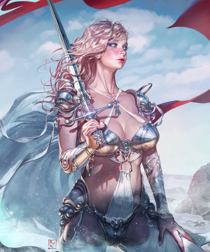 big_breasts blonde_hair blue_eyes blush breasts fantasy female_knight green_eyes jewelry knight kyuyong_eom long_hair medieval_armour medieval_fantasy red_lips sword