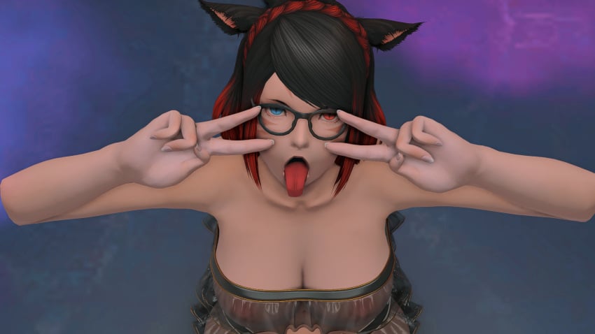 1girls ahe_gao avatar_(ff14) big_breasts black_hair blue_eyes cat_ears catgirl female female_only final_fantasy final_fantasy_xiv glasses megane miqo'te nekomimi original_character peace_sign red_eyes red_hair self_upload shaika_row solo tongue tongue_out transparent_clothing