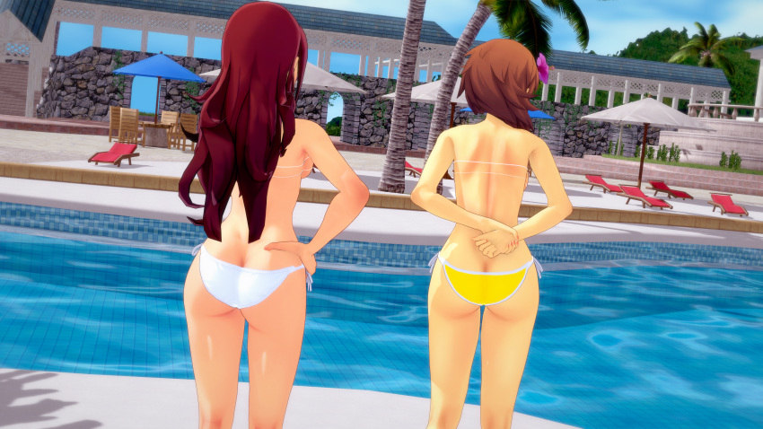 3d alternate_costume ass atlus bikini bikini_bottom bikini_top brown_hair female female_only flower_in_hair light-skinned_female makoto_justice mitsuru_kirijo persona persona_3 pool red_hair tagme white_bikini white_bikini_bottom white_bikini_top white_panties white_skin yellow_bikini_bottom yukari_takeba