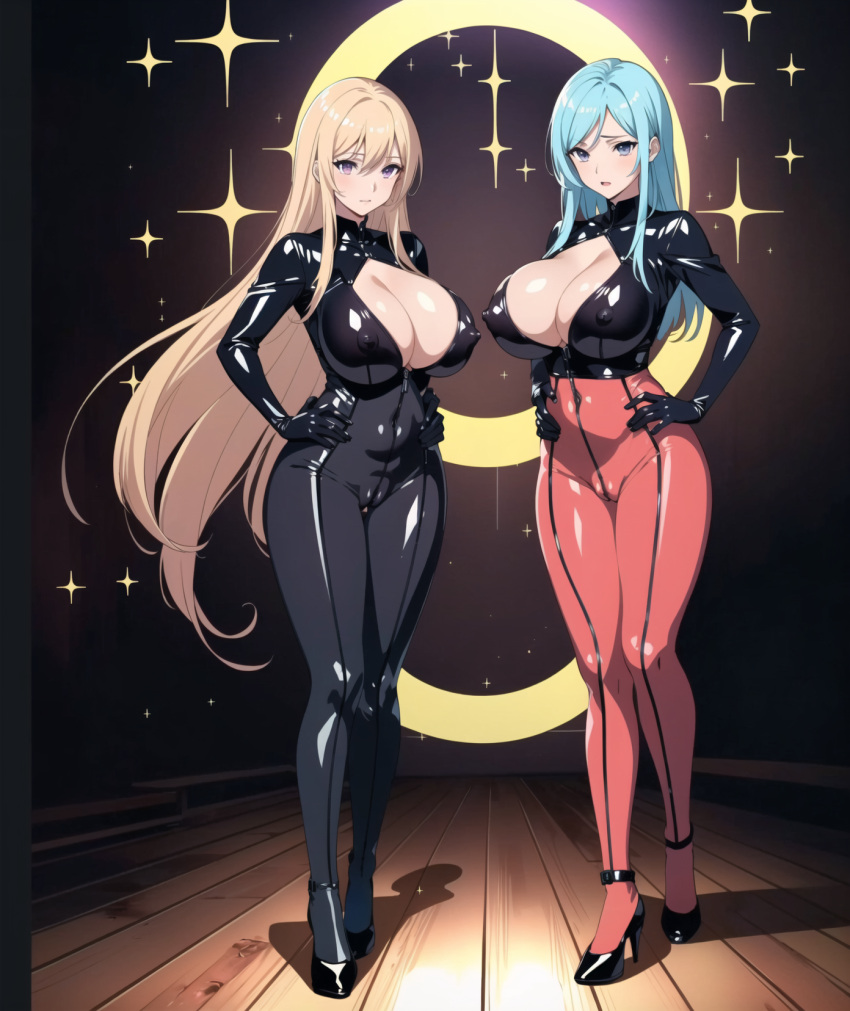 2girls ai_generated black_bodysuit blonde_hair blue_eyes bodysuit breasts cameltoe cleavage closed_mouth cyan_hair full_body girls hands_on_hips heels high_heels huge_breasts large_breasts long_hair looking_at_viewer multiple_girls purple_eyes red_bodysuit shine shiny smile smug sparkle_background sparkles sparks standing stars tight_bodysuit tight_clothing unzipped very_long_hair visible_nipples zipper