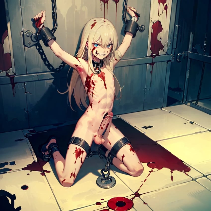 1boy 1femboy ai_generated blonde_hair blood blood_everywhere blood_on_chest blood_on_face blood_on_floor blood_on_thighs blood_splatter blood_stain bloodstain blue_eyes chains cuffed cuffs dungeon enjuuji evil_grin evil_smile femboy ferdinando_agnello gore imprisoned leash leashed_collar light-skinned_femboy light-skinned_male looking_at_viewer male male_only malicious_smile naked naked_femboy naked_male penis prison ribs shackled shackled_wrists shackles smiling_at_viewer solo torture torture_chamber