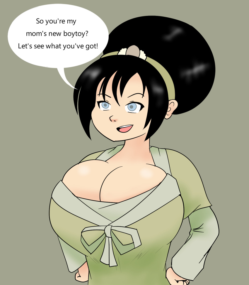 1girls alternate_breast_size avatar_legends avatar_the_last_airbender black_hair earth_kingdom english_text female female_only godalmite huge_breasts human solo speech_bubble text toph_bei_fong