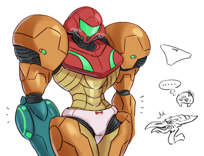 1boy 1girls 2020 armor armored_samus blush female helmet helmet_with_visor male metroid metroid_(creature) nintendo orange_body panties pink_panties pink_underwear power_armor power_suit ridley samus_aran simple_background solo_focus standing trio underwear varia_suit varia_suit_helmet wata_ridley white_background