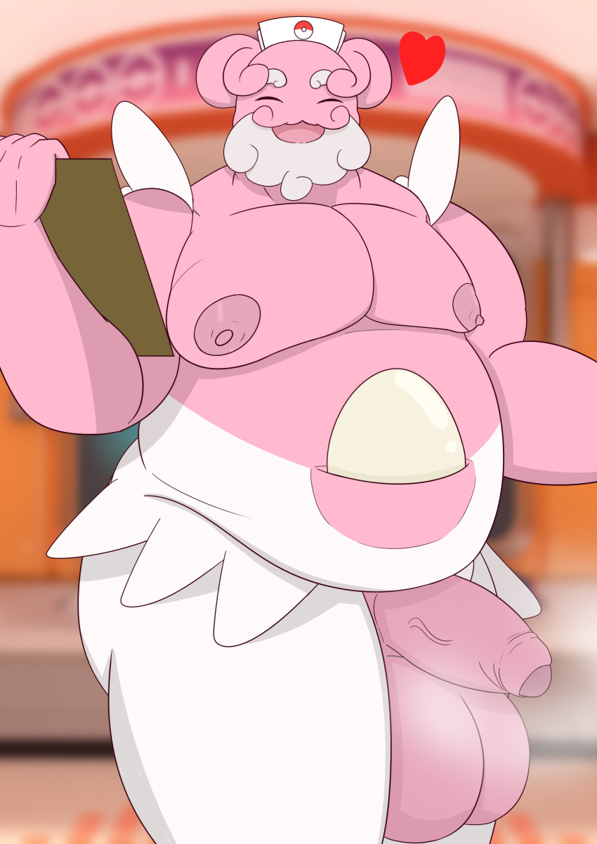 anthro bakablue balls bara beard big_balls blissey chubby_male daddy doctor egg gay heart huge_balls male male_only penis pink_body pokémon_(species) pokemon small_penis solo