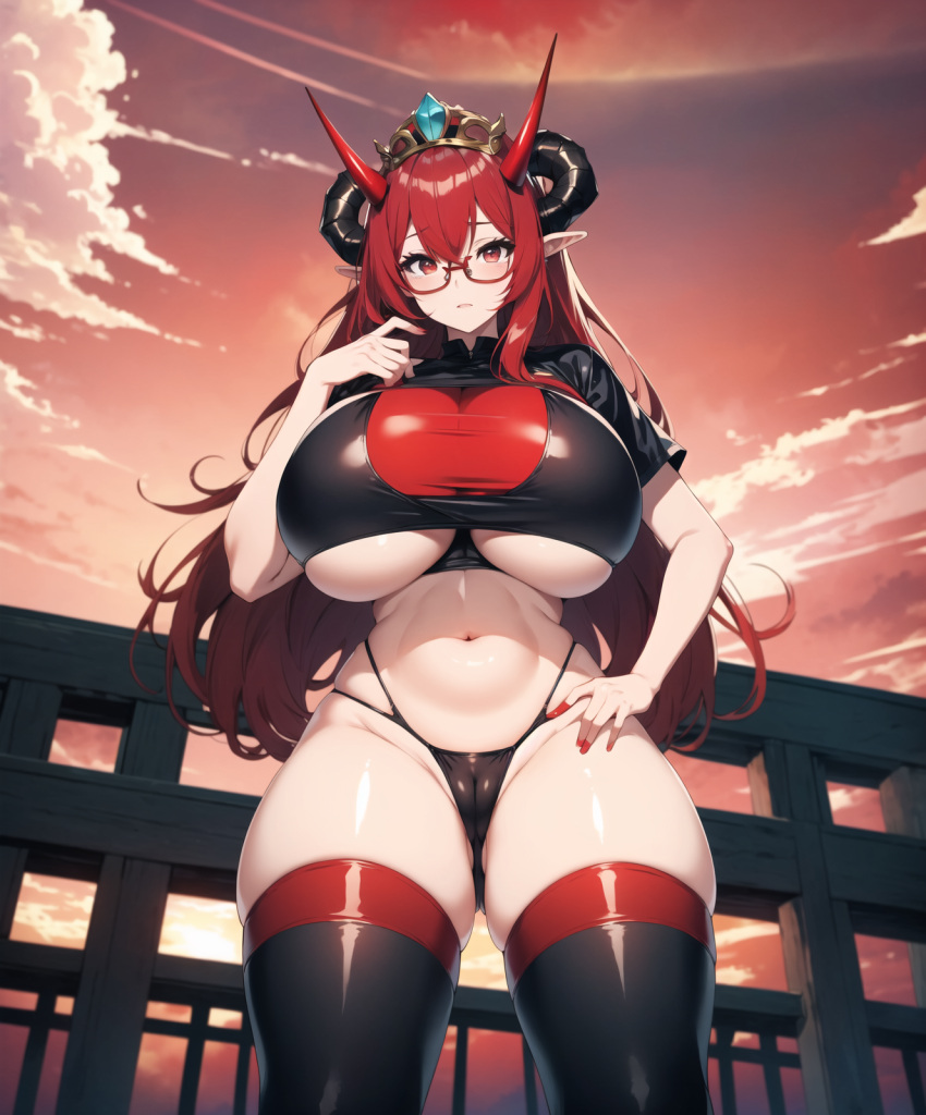 ai_generated belly black_bikini breasts cameltoe cloud clouds cloudy_sky crown curious cute dusk female glasses gradient_sky hair_covering_face hand_on_hip highleg horizon horns huge_breasts large_breasts long_ears long_hair looking_at_viewer micro_panties navel pale_skin pointy_ears red_eyes red_hair red_horns red_sky sunrise thick thick_thighs thighhighs thong tiara under-rim_eyewear underboob