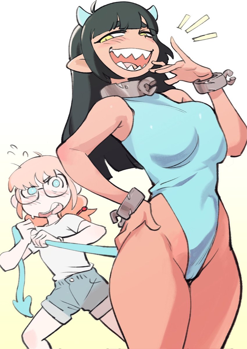 2girls attribute_theft big_breasts blunt_bangs blush bracelet cleavage colo complaining cuffs duo fangs female female_only flat_chest glasses grumpy hair_band horn jumpsuit large_breasts laughing leotard long_hair looking_at_viewer multiple_girls myphia_(colo) original pulling_tail rita_(colo) sharp_teeth shirt shorts showing_off silly standing succubus sweet_hex tail tail_pull thick_eyebrows thighs tongue transformation voluptuous voluptuous_female