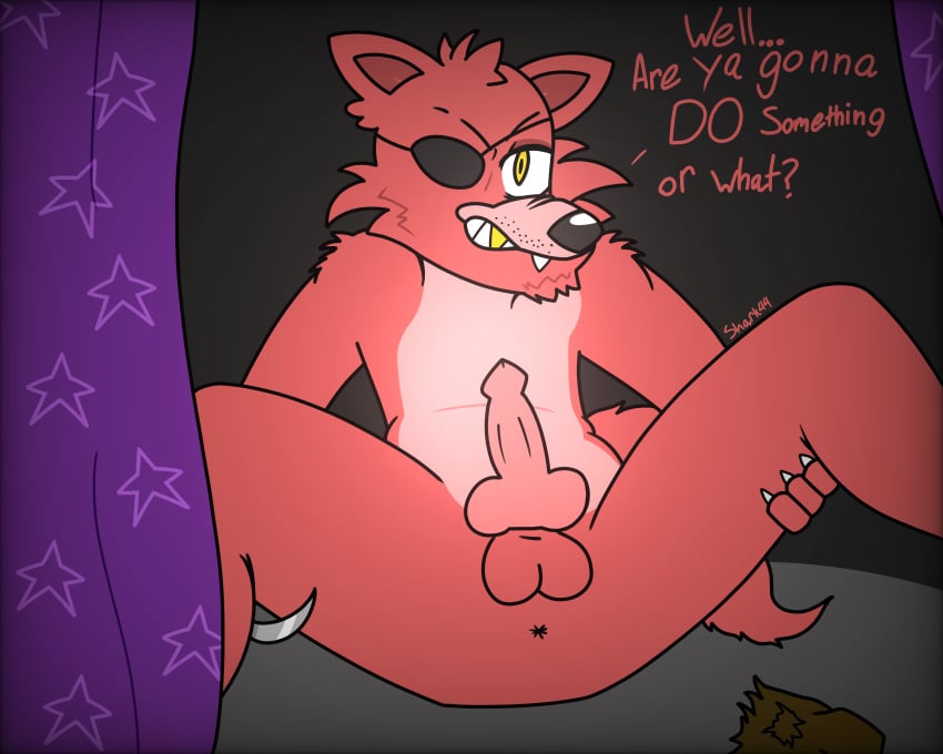 1boy anthro canine canine_penis dialogue eye_patch five_nights_at_freddy's fox fox_ears fox_tail foxy_(fnaf) furry humanoid knot male male_only penis red_fur sharkzero solo tagme yellow_eyes