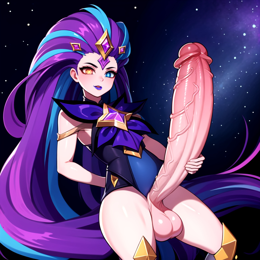 1futa absurdly_long_hair ai_generated blue_eyes blue_hair clothed clothed_futanari futanari hair_ornament heterochromia huge_cock large_balls large_testicles league_of_legends licking_lips lipstick makeup multicolored_hair penis_grab pink_eyes purple_hair riot_games self_upload solo solo_focus solo_futa soplon space star_(symbol) star_guardian_series star_guardian_zoe star_hair_ornament symbol-shaped_pupils thighs two_tone_hair uncensored uncensored_version_at_source zoe_(league_of_legends)