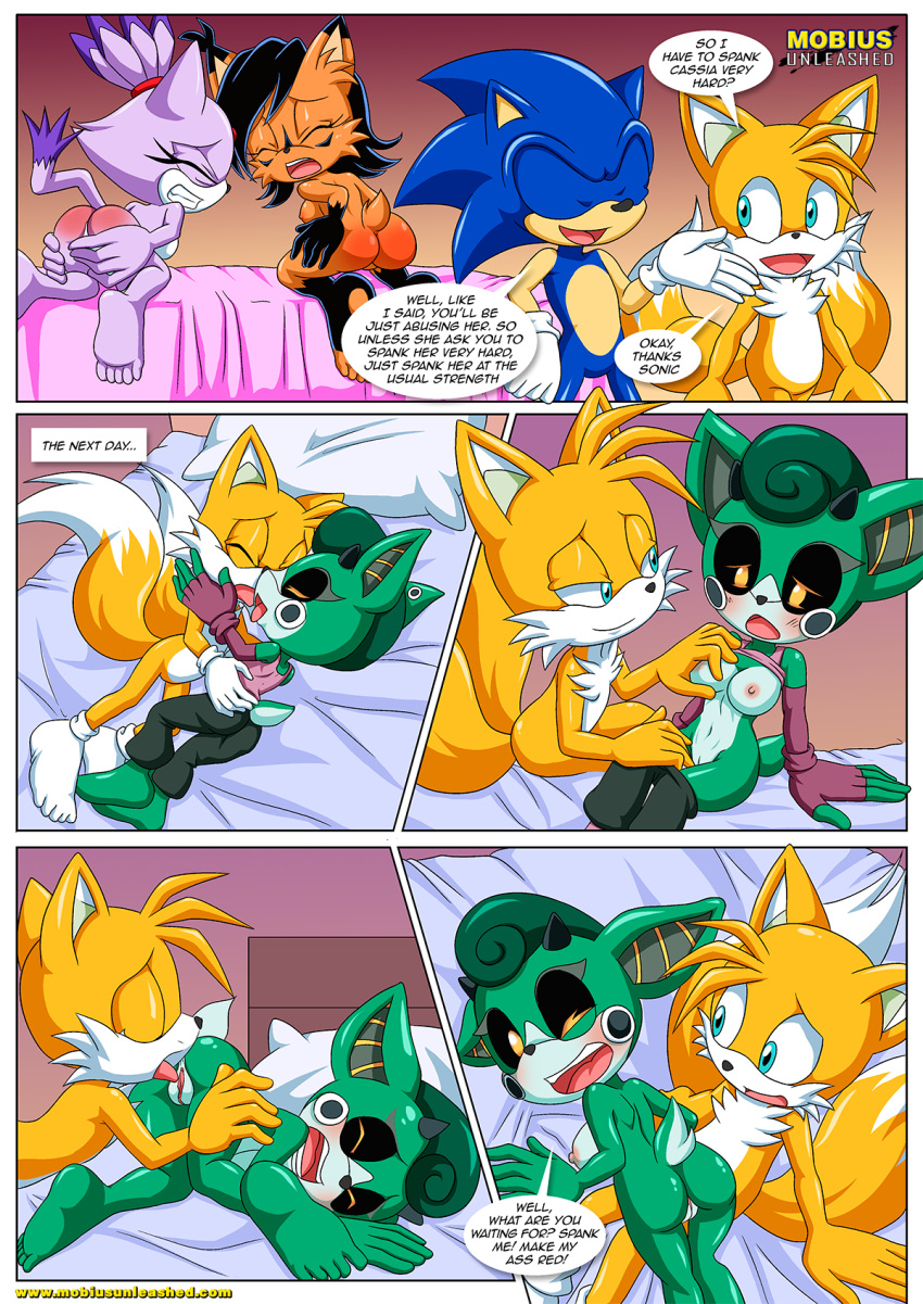 anthro ass bbmbbf blaze_the_cat blush breasts cassia_the_pronghorn comic female licking licking_pussy male male/female mobius_unleashed nicole_the_lynx nude palcomix pussy sega sex sonic's_guide_to_spanking_(comic) sonic_(series) sonic_the_hedgehog sonic_the_hedgehog_(series) tails