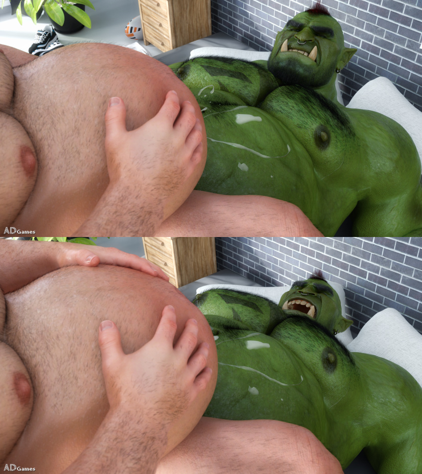 ad-games belly_inflation big_belly bodily_fluids boruk_(ad-games) cum duo fur gay genital_fluids green_body green_skin hi_res human human_male humanoid inflation light-skinned_male light_skin male male/male male_only mammal mpreg nipples orc orc_male