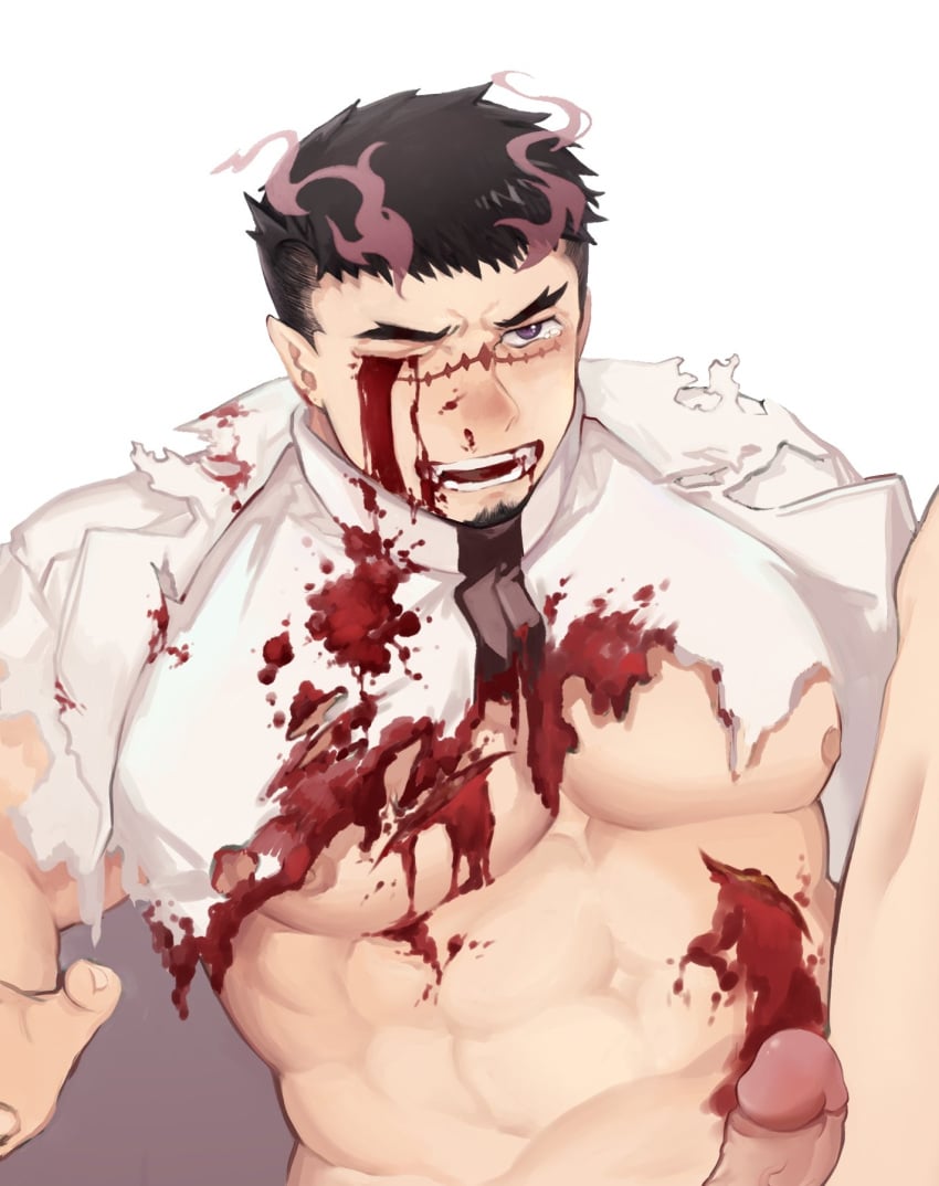 1boy badai bara bare_pectorals beard_stubble black_hair black_necktie blood blood_from_eyes blood_on_clothes blood_on_face blood_on_pectorals collared_shirt commentary_request fingernails highres injury leg_up long_sleeves lying male male_focus male_only muscular muscular_male necktie nude on_back one_eye_closed open_mouth outstretched_hand pectorals penis pointy_ears purple_eyes shadow shirt short_hair smoke solo tearing_up teeth tokyo_afterschool_summoners torn_clothes torn_shirt white_background white_shirt yoritomo_(tokyo_afterschool_summoners)