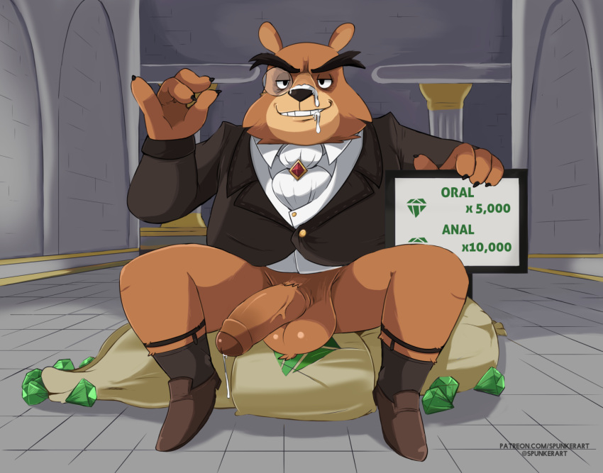 2023 activision anthro bag balls bear belly bodily_fluids bottomless clothed clothing cum cum_on_face digital_drawing_(artwork) digital_media_(artwork) english_text erection eyewear fur gem genital_fluids genitals half_naked humanoid_genitalia humanoid_penis looking_at_viewer male mammal moneybags_(spyro) monocle narrowed_eyes overweight overweight_male penis sign simple_background smile solo spunkerart spyro_reignited_trilogy spyro_the_dragon text url ursine