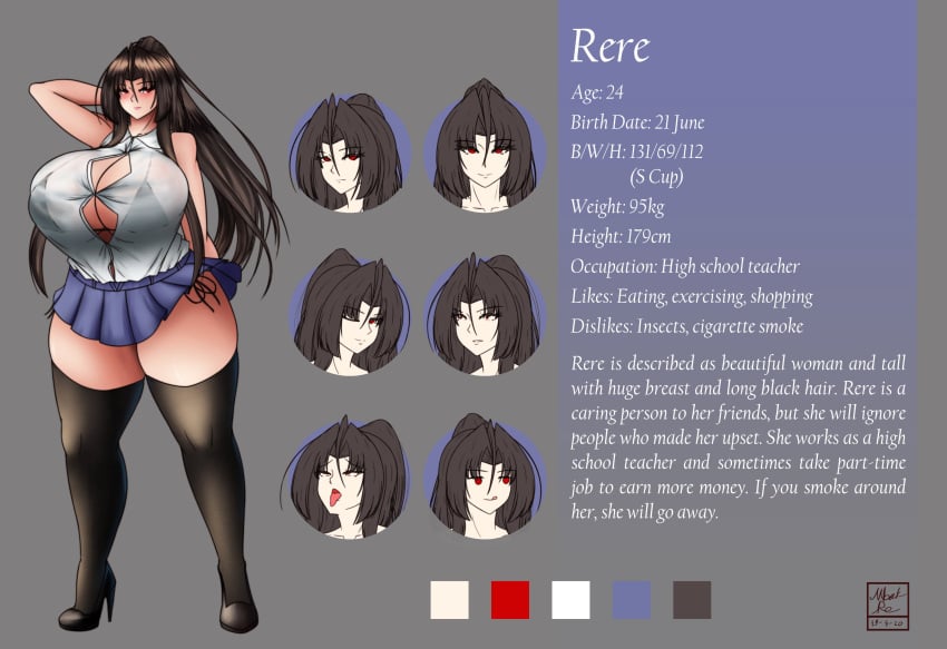 character_sheet cleavage hyper_breasts red_eyes rere_(roneesan) roneesan school_uniform see-through teacher thick_thighs