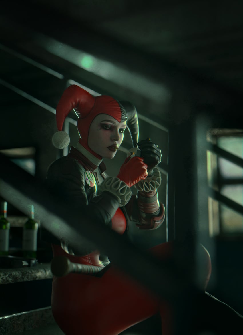 1girls 3d banned_soda batman batman:_arkham_knight batman_(series) cigarette dc dc_comics female female_only harley_quinn harley_quinn_(classic) harley_quinn_(injustice) injustice_2 smoking smoking_cigarette solo villain villainess