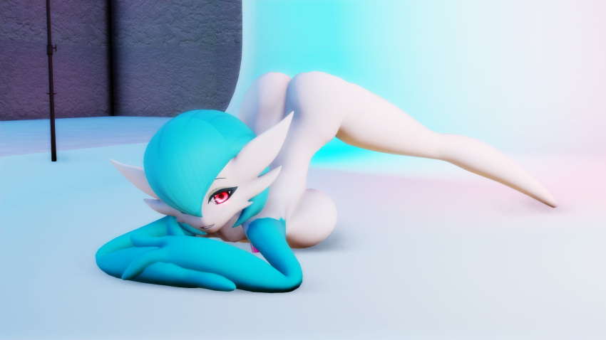 2021 3_fingers 3d_(artwork) ass ass_up big_breasts blue_hair breasts breasts_on_ground digital_media_(artwork) female fingers gardevoir generation_3_pokemon hair hair_over_eye hi_res humanoid jack-o'_pose looking_at_viewer mrjinsenpai nintendo not_furry nude one_eye_obstructed orange_eyes pokemon pokemon_(species) pose shiny_pokemon side_boob smile smiling_at_viewer solo zy0n7