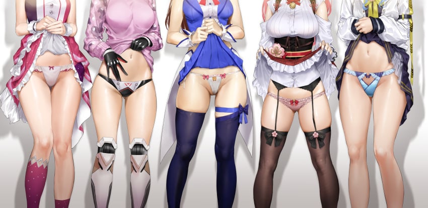 5girls absurdres asymmetrical_legwear azki_(3rd_costume)_(hololive) azki_(hololive) bell black_thighhighs blue_thighhighs bow bow_legwear bow_panties breasts brown_hair clothes_lift clothing_cutout corset detached_sleeves dress female_focus flower frilled_skirt frills garter_belt gluteal_fold groin head_out_of_frame highres hololive hololive_gen_0 hololive_japan hood hoodie hoodie_lift hoshimachi_suisei hoshimachi_suisei_(school_uniform) jacket kneehighs kuroi_suna large_breasts legs lifted_by_self lingerie long_hair lower_body mechanical_arms mechanical_legs medium_breasts multicolored_clothes multicolored_dress multiple_girls navel off-shoulder_dress off_shoulder panties pink_hair pink_socks pussy pussy_peek ribbon roboco-san roboco-san_(2nd_costume) sakura_miko sakura_miko_(3rd_costume) scrunchie shiny_skin simple_background single_kneehigh single_sock skirt skirt_lift sleeveless socks standing sweater thigh_gap thigh_strap thighhighs thighs thong tokino_sora tokino_sora_(1st_costume) underwear virtual_youtuber wide_sleeves wrist_scrunchie