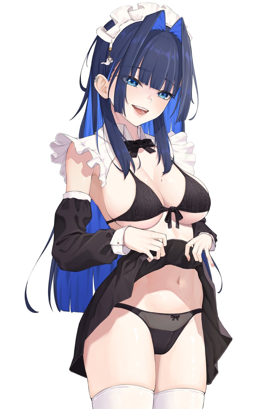 :d absurdres armpits bangom_r black_bow black_bowtie black_hair black_panties blue_eyes blue_hair bow bowtie breasts cleavage clothes_lift female frills hair_intakes highres hololive hololive_english hololive_english_-council- hololive_english_-promise- large_breasts lifted_by_self long_hair maid_headdress mole mole_on_armpit mole_on_breast multicolored_hair navel open_mouth ouro_kronii panties simple_background skirt skirt_lift smile solo stomach thighhighs underwear virtual_youtuber white_background white_thighhighs