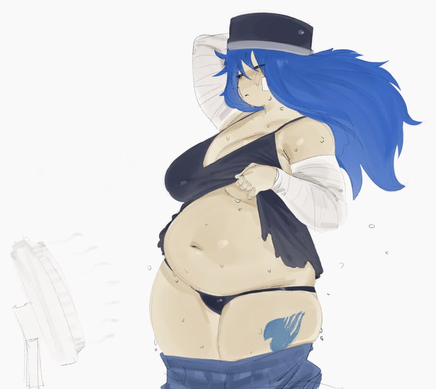 1girls bawlboxer belly big_belly blue_hair chubby chubby_female cooling_off fairy_tail fan female female_only juvia_lockser khentaiu khentart lifting_shirt no_bra overweight overweight_female panties plump skirt_around_legs solo sweat tattoo underboob