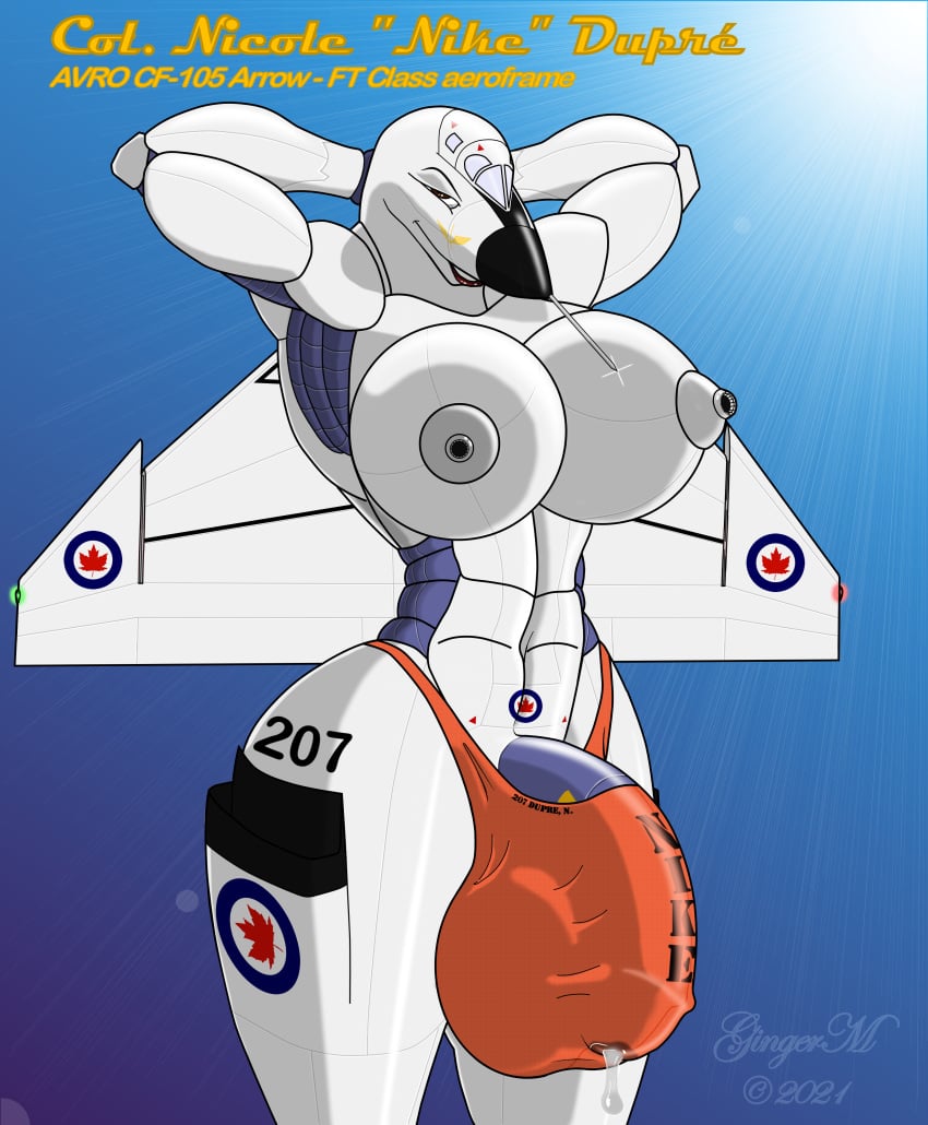 2021 absurd_res aeromorph air_force aircraft anthro avro_arrow balls bodily_fluids breasts canada clothing cum futa_solo futanari genital_fluids genitals gingerm gynomorph hi_res hyper intersex living_aircraft living_machine living_vehicle machine military nike_(gingerm) nipples officer penis pinup pose rcaf royal_canadian_air_force solo solo_futa thong underwear vehicle