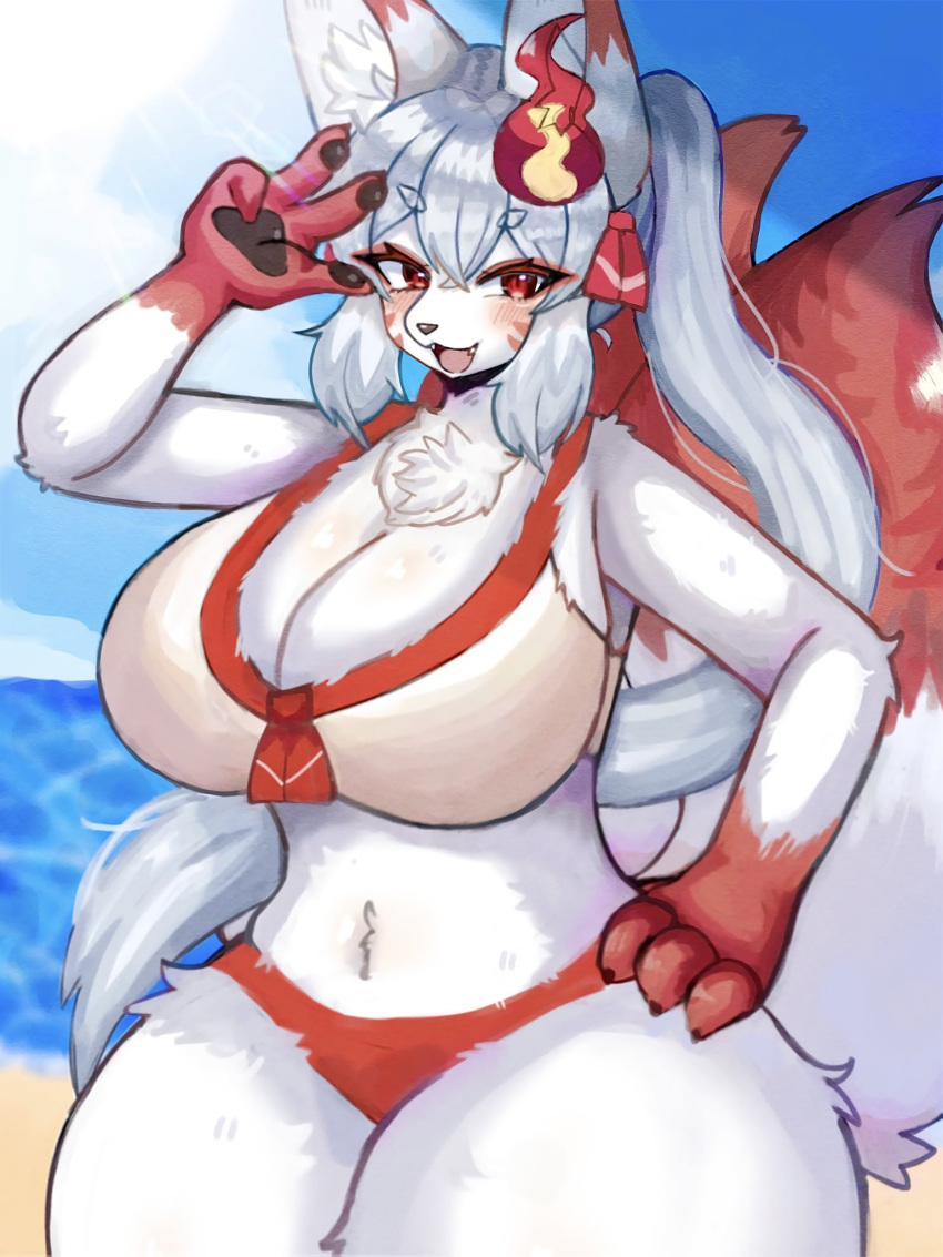 anthro beach bikini divine_fox_(in_pnj) fox_girl furry huge_breasts humanoid in_pnj markings original_character pose red_eyes sitting thick_thighs voluptuous white_body white_hair wide_hips