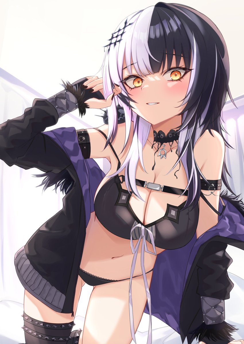 absurdres black_bra black_choker black_coat black_gloves black_nails black_panties bra breasts choker cleavage coat female fingerless_gloves fur-trimmed_coat fur_trim gloves hair_ornament heckler_kai highres hololive hololive_english hololive_english_-advent- jacket large_breasts multicolored_hair navel off_shoulder panties parted_lips pendant_choker shiori_novella simple_background solo split-color_hair stomach two-sided_coat two-sided_fabric underwear virtual_youtuber white_background yellow_eyes yorick_(shiori_novella)