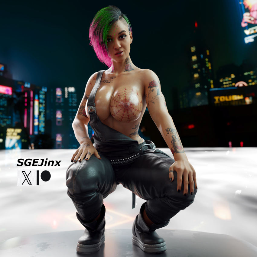 1:1_aspect_ratio 3d 3d_render arm_tattoo black_fingernails blender_(software) blender_cycles blurry chest_tattoo clothed_female clothing cyberpunk cyberpunk_(series) cyberpunk_2077 depth_of_field exposed_breasts female flirty fog footwear green_hair hand_tattoo high_resolution judy_alvarez large_breasts lips make_up motor_vehicle neck_tattoo neon_lights night_city patreon_username pink_hair red_lipstick sgejinx_(artist) shirt shoes short_hair squatting standing_on_roof tattoo topless topless_female topless_suspenders twitter_username van vehicle white_shirt