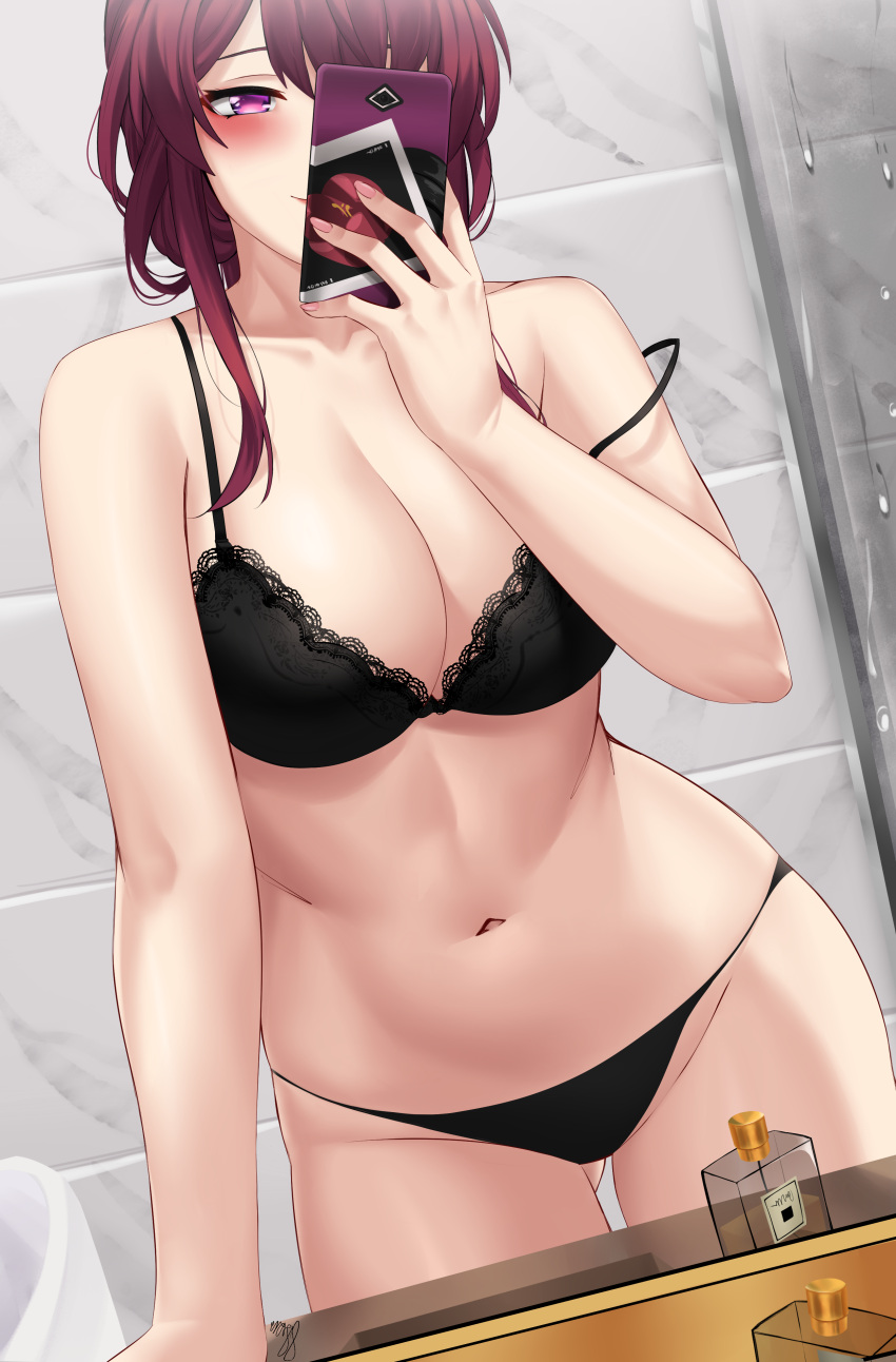 1girls absurdres ass_visible_through_thighs bathroom black_bra black_panties blush bottle bra breasts cellphone female fingernails finnjson highres holding holding_object holding_phone honkai:_star_rail honkai_(series) indoors kafka_(honkai:_star_rail) lace lace-trimmed_bra lace-trimmed_panties large_breasts mirror mirror_selfie navel panties perfume_bottle purple_eyes purple_hair selfie stomach strap_slip underwear