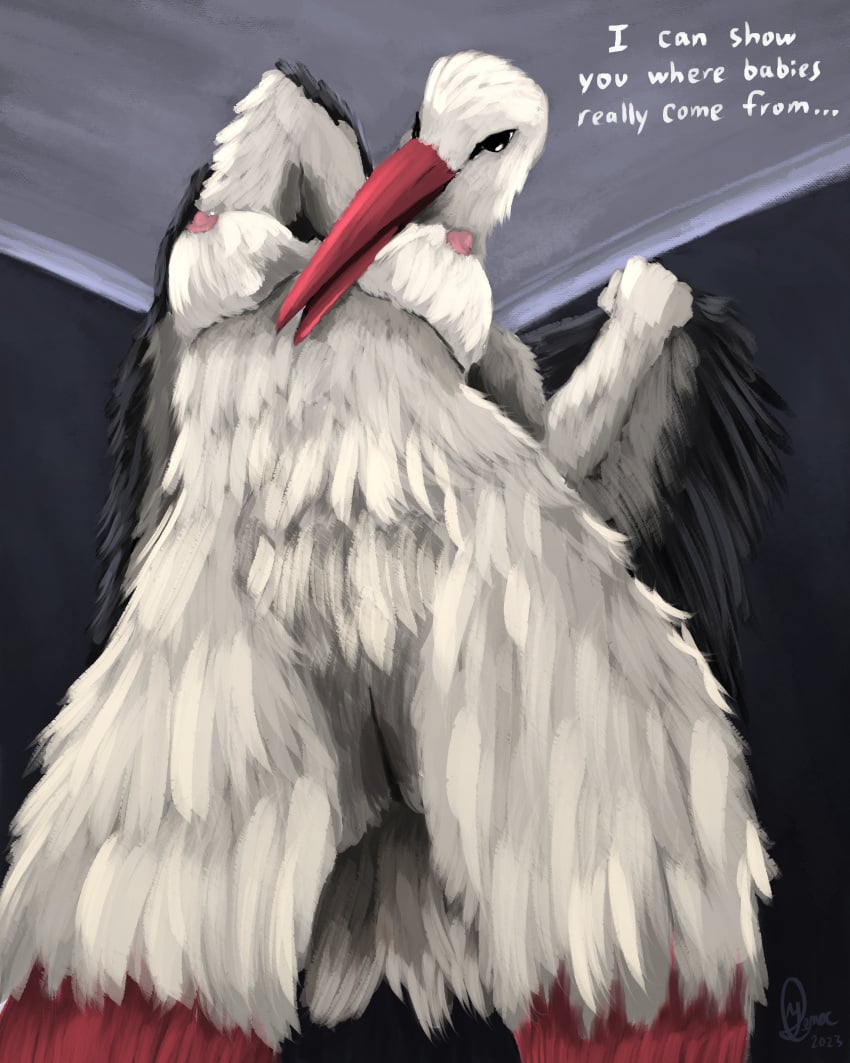 absurd_res anthro avian beak bird birdtember black_body black_feathers breasts dominant dominant_female feathers female first_person_view hi_res interior_view nipples solo stork white_body white_feathers yenocwolf