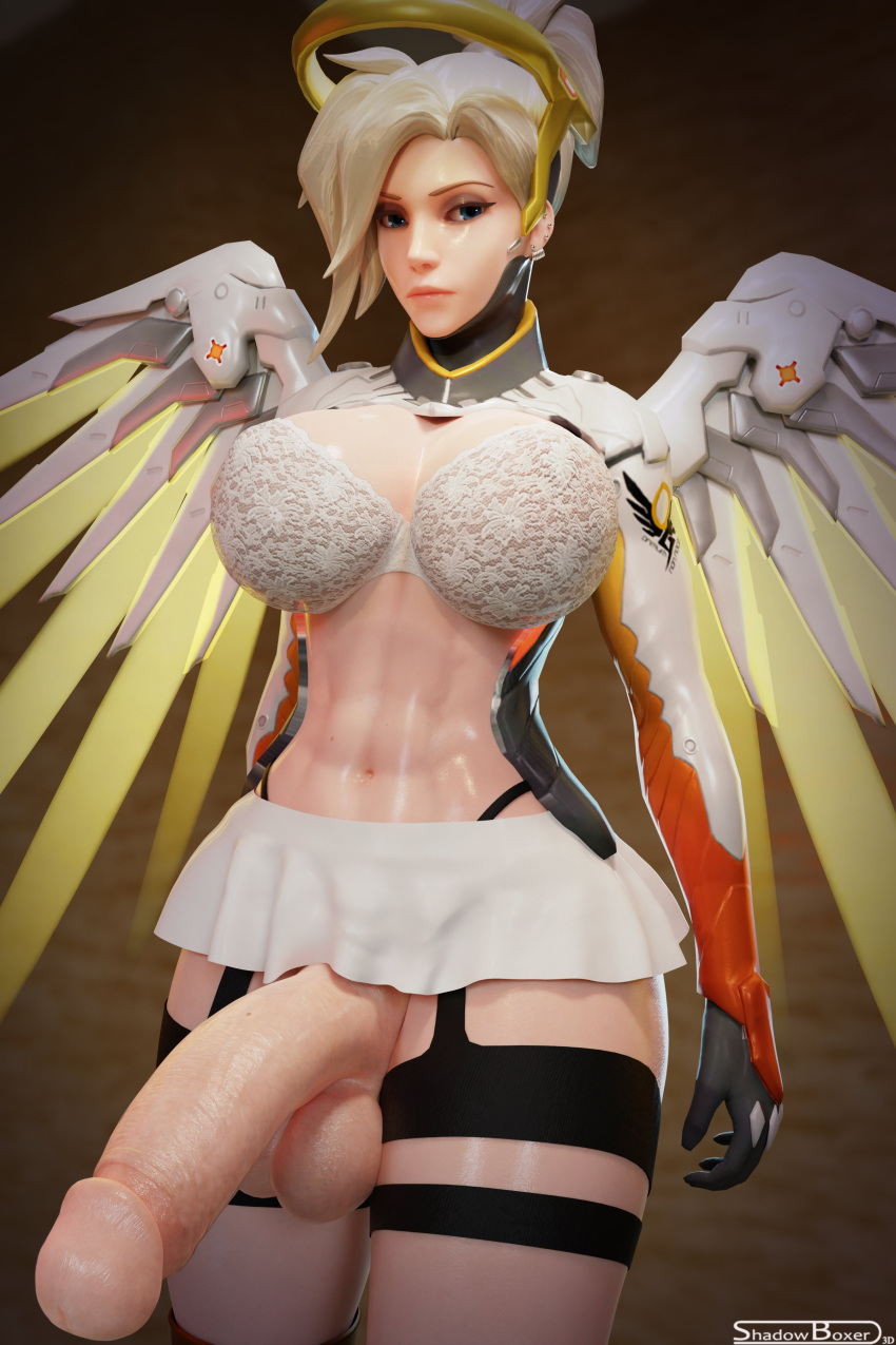 1girls 3d 3d_(artwork) abs angel_wings angela_ziegler balls blizzard_entertainment blonde blonde_female blonde_hair blonde_hair_female bra breasts celebrity exposed_penis female female_focus female_only flaccid flaccid_penis futa_only futanari garter_belt gloves lingerie looking_at_viewer mercy miniskirt overwatch overwatch_2 parody penis pierced_ears piercing piercings revealing_clothes shadowboxer wings