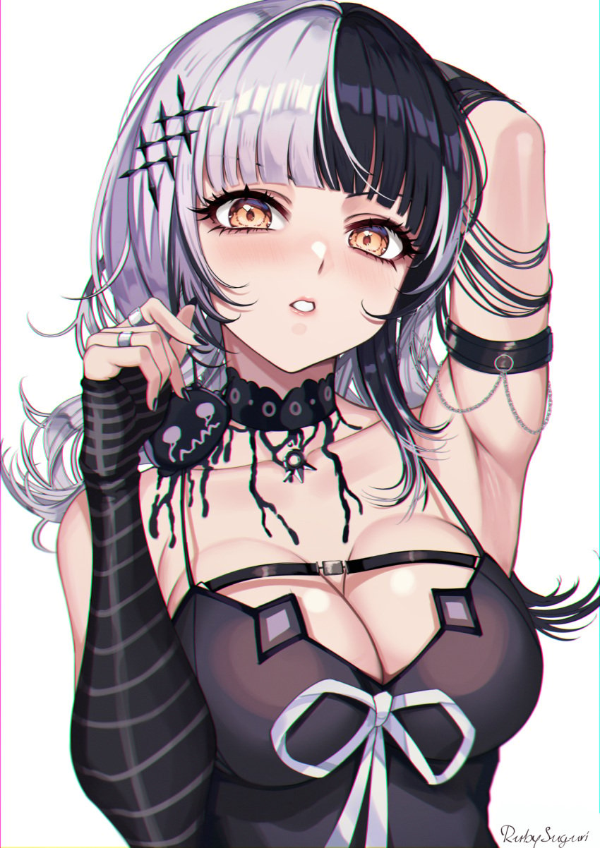 1girls arm_behind_head arm_strap armpits artist_name belt black_belt black_choker black_dress black_hair black_nails blunt_bangs blush breasts chest_belt choker cleavage commentary_request commission dress english_commentary eyelashes fingernails grey_hair hair_ornament hand_up highres hololive hololive_english hololive_english_-advent- jewelry lace lace_choker large_breasts long_hair looking_at_viewer mixed-language_commentary multicolored_hair multiple_rings nail_polish parted_lips pixiv_commission ribbon ring ruby_suguri shiori_novella simple_background split-color_hair striped_arm_warmers teeth two-tone_hair upper_body virtual_youtuber white_background white_ribbon yellow_eyes yorick_(shiori_novella)