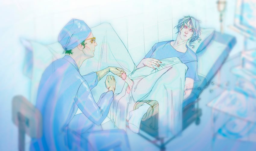 2boys baizhu_(genshin_impact) ballsack blue_hair doctor doctor_on_patient erect_penis erection gay genshin_impact glasses gloves green_hair hospital hospital_bed hospital_gown hospital_room kamisato_ayato legs_apart male male/male male_only medic medical medical_examination medical_gloves penis shaved_balls touching_penis very_high_resolution yaoi