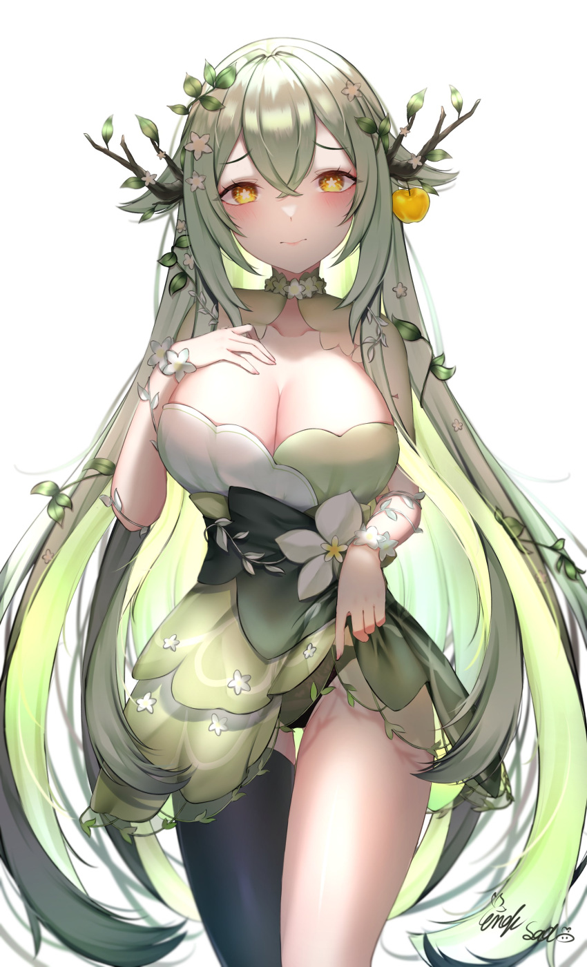 1girls apple black_panties blush branch breasts cleavage clothed clothing dress dress_lift female female_only green_hair huge_breasts inviting lifting_dress light-skinned_female light_skin looking_at_viewer mycara_melony panties pixela_mystic pixela_project seductive solo suraimu_(suraimuraimu) virtual_youtuber yellow_eyes