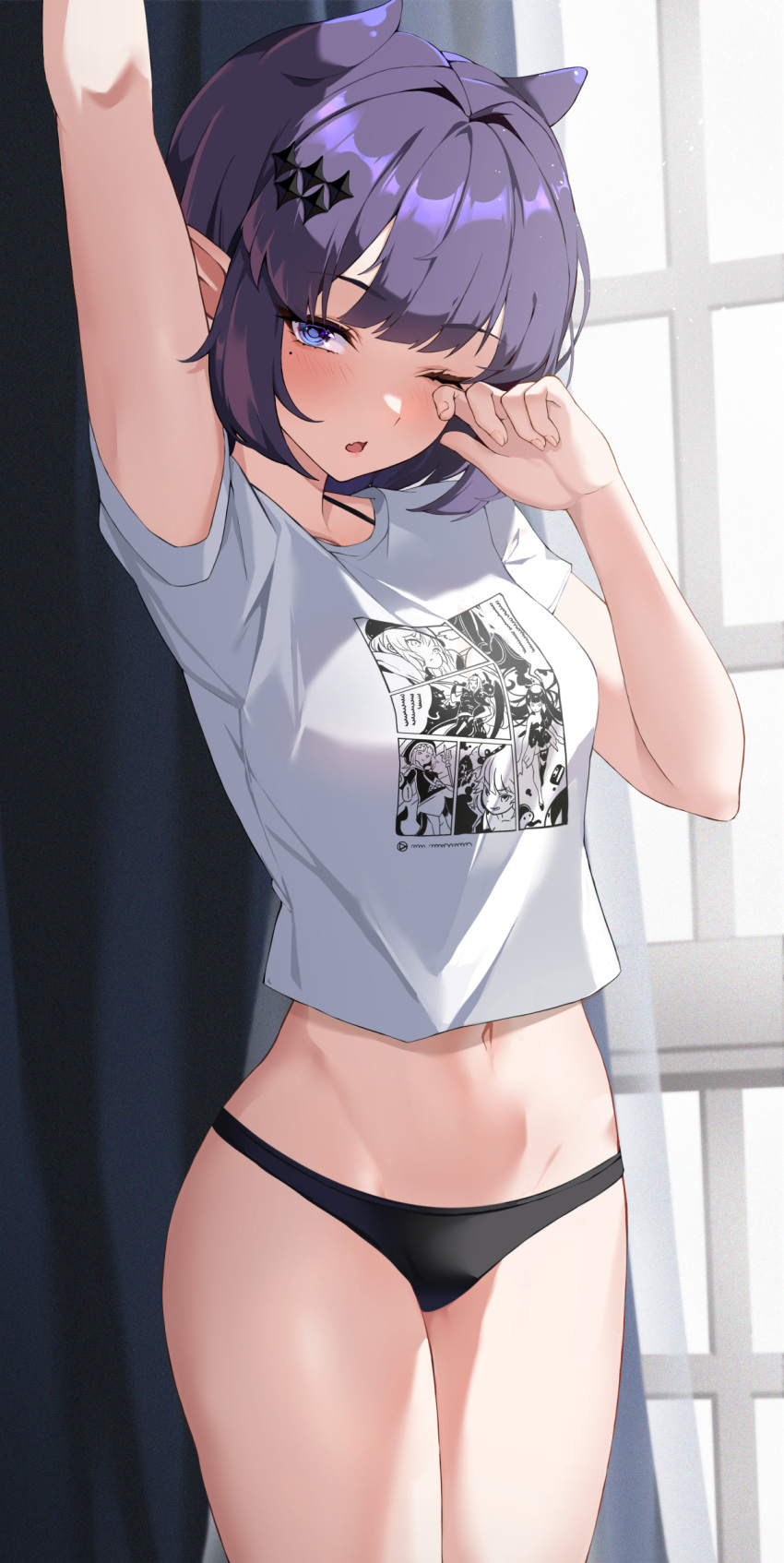 ;o absurdres animal_ears arm_up black_panties blue_eyes blush breasts commentary cowboy_shot english_commentary extra_ears female hand_up highres hololive hololive_english hololive_myth lessone light_particles looking_at_viewer mole mole_under_eye navel ninomae_ina'nis ninomae_ina'nis_(5th_costume) no_pants oerba_yun_fang one_eye_closed open_mouth paid_reward_available panties pointy_ears print_shirt rubbing_eyes shirt short_hair small_breasts solo sparkle_hair_ornament stomach t-shirt thighs underwear virtual_youtuber window