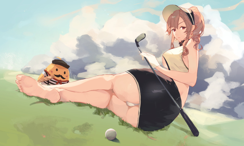 1animal 1female 1girls 1woman alternate_costume azur_lane back_view ball big_breasts breasts cap clemenceau_(azur_lane) clemenceau_(splendid_breeze)_(azur_lane) clothed clothing clouds female female_only foot glove golf golf_ball golf_club grass green_hair hat light-skinned light-skinned_female light_body light_skin looking_at_viewer looking_back manjuu_(azur_lane) official_alternate_costume outside panties ponytail red_eyes rumors sky solo vichya_dominion_(azur_lane) visor white_glove white_panties woman