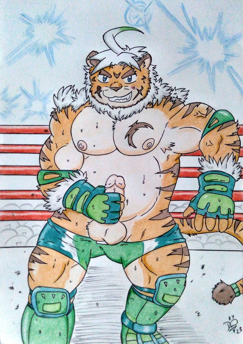 absurd_res anthro areola balls belly biceps blue_eyes bodily_fluids boots brown_eyebrows brown_nose clenched_teeth clothing dashthefox determined elbow_pads eyebrows felid fighting_ring footwear fur genitals glans gloves green_clothing grin hair handwear hi_res hombre_tigre_(tokyo_afterschool_summoners) huge_pecs knee_pads lifewonders luchador male male_only mammal manly markings masturbation moobs musclegut muscular muscular_anthro muscular_male nipples orange_body orange_fur outside pantherine pecs penis pink_areola pink_glans pink_penis sharp_teeth smile solo striped_body striped_fur striped_markings striped_tail stripes sweat sweatdrop tail tail_markings teeth thick_eyebrows tiger tokyo_afterschool_summoners traditional_media_(artwork) vein veiny_arms veiny_muscles white_hair wrestler wrestling wrestling_briefs wrestling_clothing wrestling_gear wrestling_match wrestling_outfit