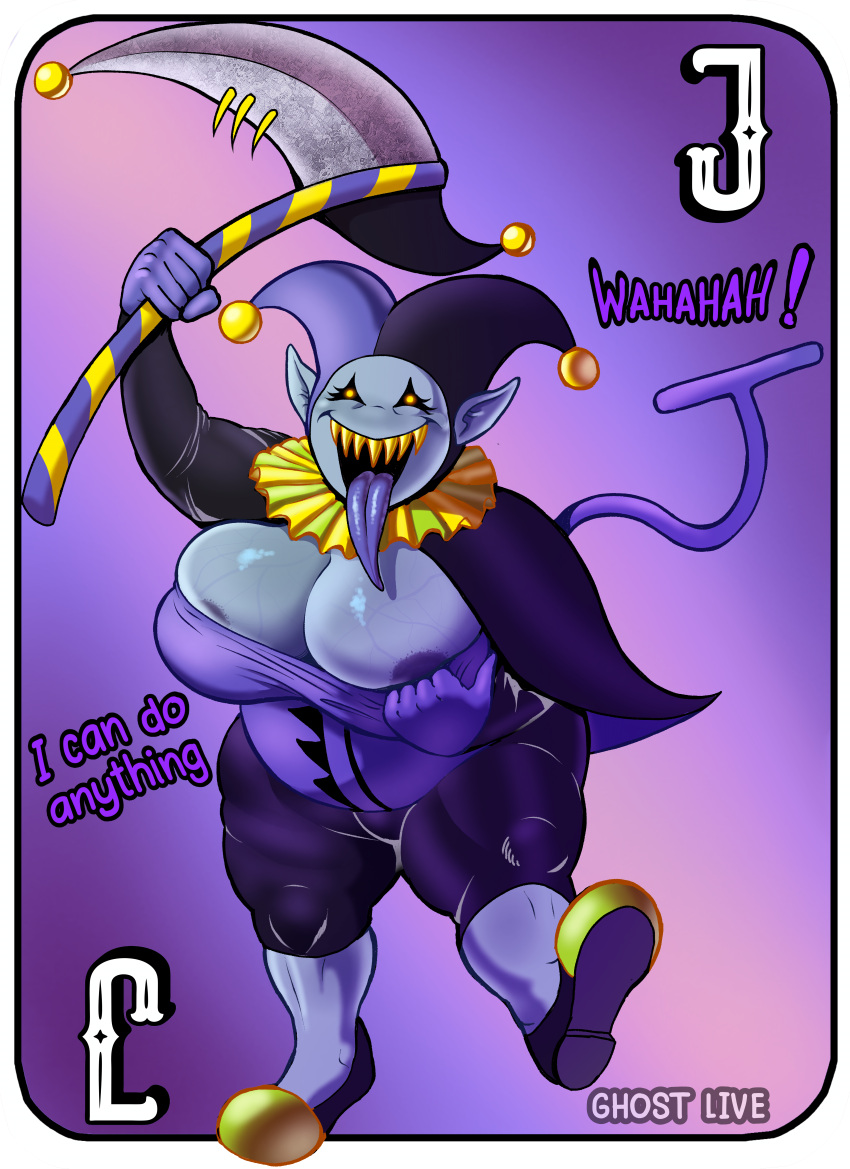 big_breasts blue_nipples blue_skin chubby deltarune female ghostlive jevil_(deltarune) rule_63 veins veins_on_breasts yellow_eyes