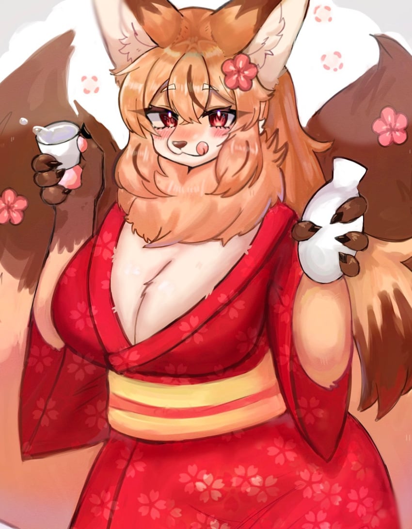 anthro blush drunk furry huge_breasts humanoid in_pnj inviting orange_fur orange_hair original_character sake thick_thighs venus_body voluptuous wide_hips